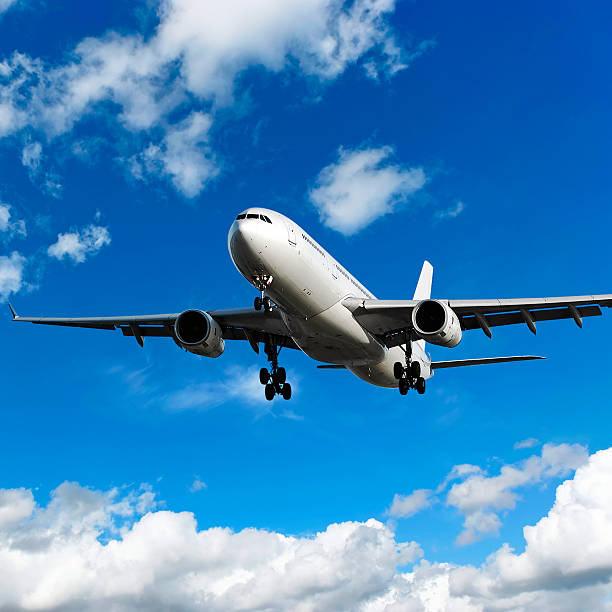 istock jet airplane landing in bright sky 136885596