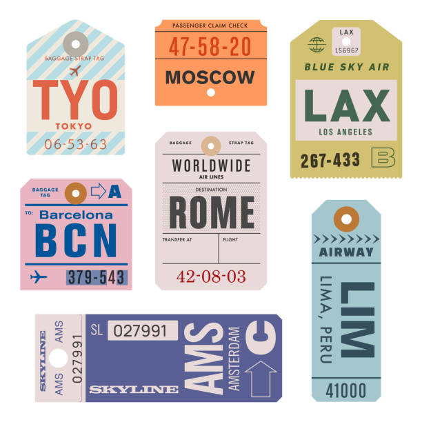 illustrazioni stock, clip art, cartoni animati e icone di tendenza di vintage world travel luggage tags - biglietto illustrazioni