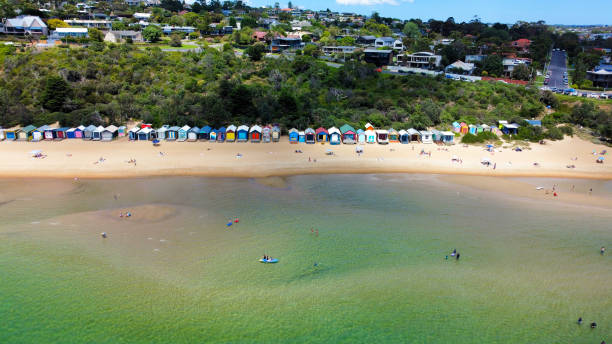 istock Beach Boxes at Mills Beach Mornington peninsula - Aerial Drone view 1368861941