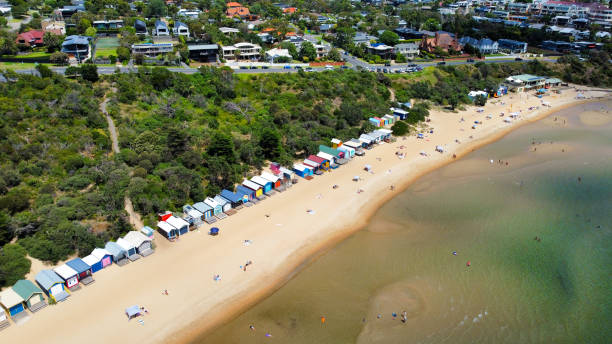 istock Beach Boxes at Mills Beach Mornington peninsula - Aerial Drone view 1368862160