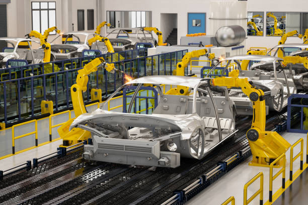 istock Automation robot assembly line in car factory 1368862238