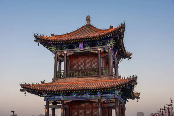 Amazing temple over the walls of the historical city of Xi'An, ancient capital of China