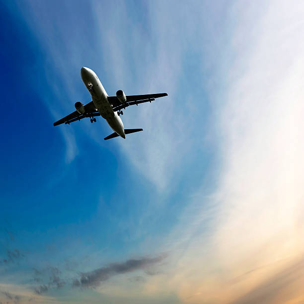 istock jet airplane landing at dusk 136886600