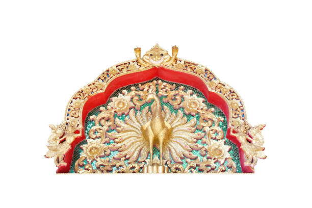 istock Golden gable temple stucco roof with engraving peacock patterns isolated on white background , clipping path 1368867416
