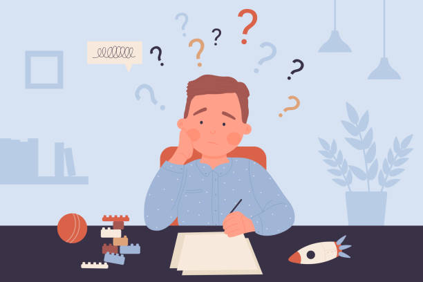 Boy with learning troubles, tired school child sitting, thinking about hard homework Boy with learning troubles vector illustration. Cartoon tired school child sitting at table and writing, thinking about hard homework with question marks above head. Difficulty in education concept question mark depression sitting asking stock illustrations