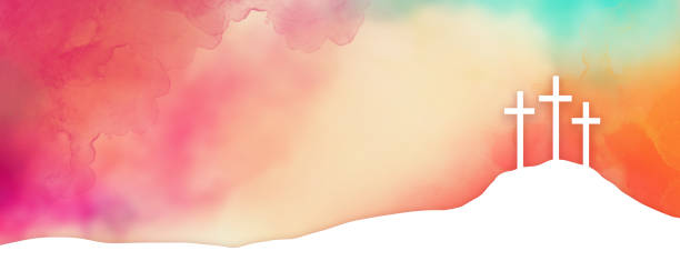 Easter background design of three white crosses on watercolor sunrise background in red orange and blue, Religious Christian holiday design Easter background design of three white crosses on watercolor sunrise background in red orange and blue, Religious Christian holiday design, colorful background clouds religious institutions stock pictures, royalty-free photos & images