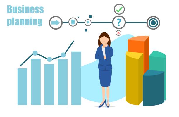 istock Business planning. Flat vector illustration. Business woman thinking, planning and solving problems with data. 1368871186