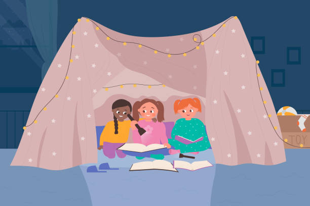 ilustrações de stock, clip art, desenhos animados e ícones de cute kids read fairytale book in homemade tent, happy small children reading storybook - fort