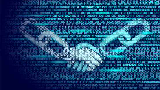 Blockchain technology agreement handshake business concept low poly. Icon sign symbol binary code numbers design. Hands chain link internet hyperlink connection blue vector illustration art