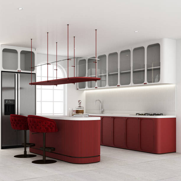 Interior of red color kitchen room with red velvet fabric furniture chair standing on concrete floor with feature wall decoration built-in and big windows in modern arc curve trend design 3d render Interior of red color kitchen room with red velvet fabric furniture chair standing on concrete floor with feature wall decoration built-in and big windows in modern arc curve trend design 3d render red kitchen cabinets stock pictures, royalty-free photos & images