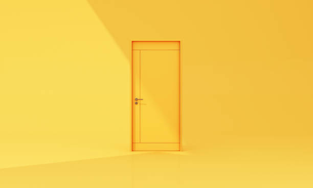 istock Closed yellow door on yellow background with sunlight shade and shadow. 3d render 1368879721