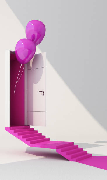 istock Open white door with purple color inside with balloons on white background with sunlight shade and shadow with walk way purple on the floor and step stair. 3d render vertical frame 1368880313