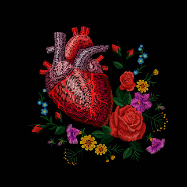 ilustrações de stock, clip art, desenhos animados e ícones de embroidery crewel human anatomical heart medicine organ flower rose blooming. red stitch embroidered design texture detailed patch. fashion decoration template vector illustration - needle thread sewing red