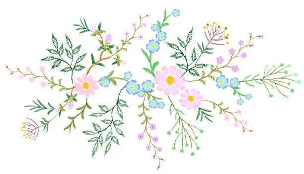 Vector illustration of Embroidery white lace floral pattern small branches wild herb with little blue violet field flower. Ornate traditional folk fashion patch design neckline black background vector illustration