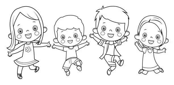 Vector illustration of Black And White, Kids jumping