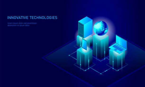 istock Isometric global networking planet Earth business concept. Blue glowing isometric personal information data connection pc smartphone future technology. 3D infographic vector illustration 1368884455