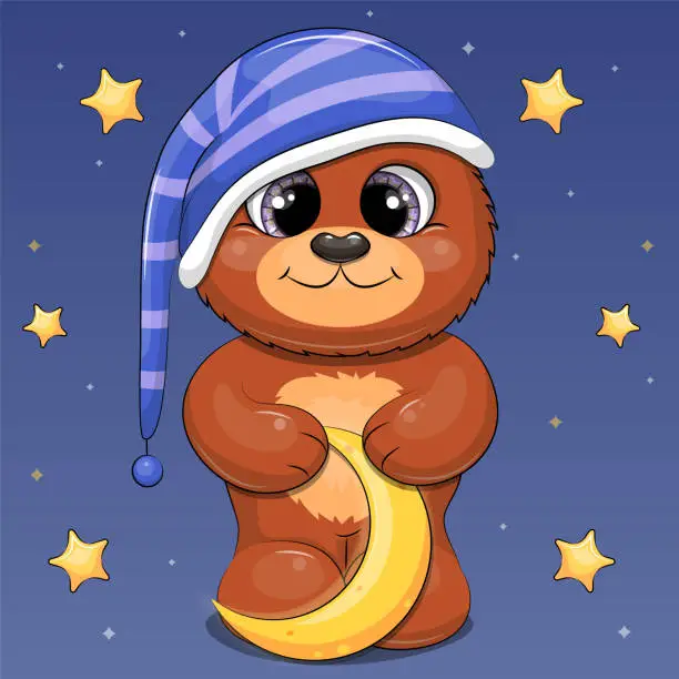 Vector illustration of Cute cartoon brown bear in a nightcap is holding the moon.