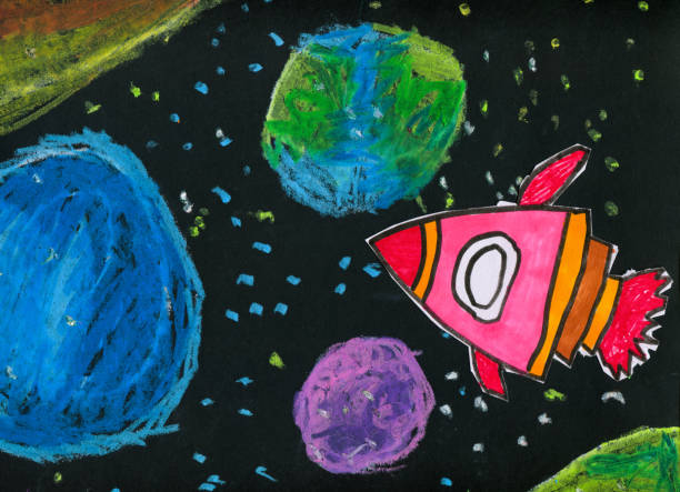 child's drawing - spacecraft in space - color image photography crayon art imagens e fotografias de stock