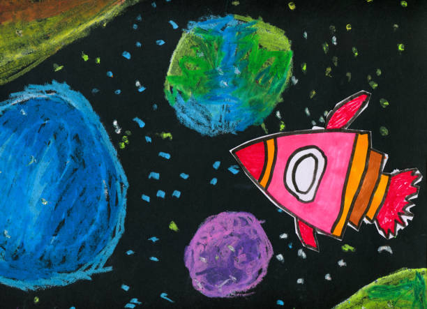 ภาพวาดของเด็ก - ยานอวกาศในอวกาศ - childs drawing ภาพสต็อก ภาพถ่ายและรูปภาพปลอดค่าลิขสิทธิ์