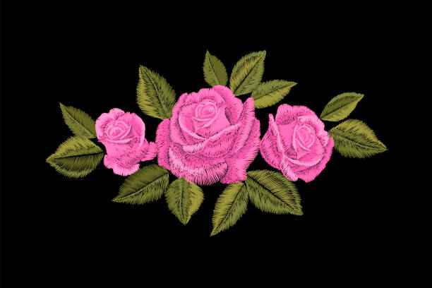 istock Embroidery pink rose. Fashion patch decoration sticker. Flower embroidered ornament arrangement. Traditional ethnic fabric textile print vector illustration 1368887784