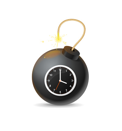 Realistic Detailed 3d Detonate Dynamite Black Bomb Explosion with Timer Clock Business Deadline Concept. Vector illustration