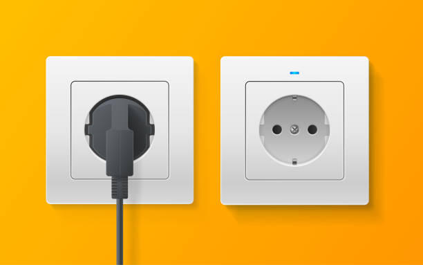 ilustrações de stock, clip art, desenhos animados e ícones de realistic detailed 3d socket and plugs inserted in electrical outlet set. vector - wired