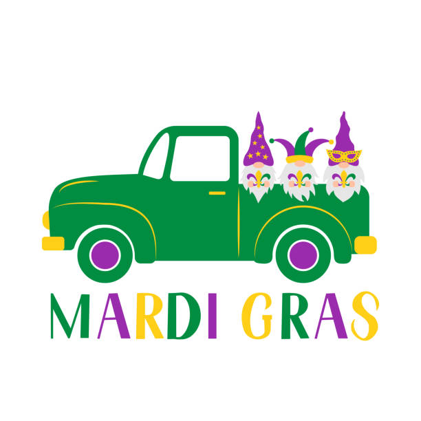 Mardi Gras retro truck with cute gnomes. Fat Tuesday traditional carnival in New Orleans. Vector template for banner, poster, card, party invitation, etc Mardi Gras retro truck with cute gnomes. Fat Tuesday traditional carnival in New Orleans. Vector template for banner, poster, card, party invitation, etc. mardi gras flyer stock illustrations