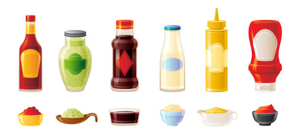 illustrazioni stock, clip art, cartoni animati e icone di tendenza di set di mock up di salsa. hot chilli soy ketchup maionese wasabi senape salse. icona del cibo. pacchetto di spremitura di plastica, bottiglia di vetro, ciotola della tazza. illustrazione vettoriale realistica 3d isolata su sfondo bianco - condiment