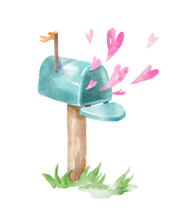 Watercolor illustration of mailbox with flying hearts. Han-drawn illustration isolated on the white background. Beautiful picture for wedding or invitation card