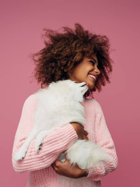 portrait en studio d’une jeune fille afro-américaine souriante tenant un petit chien - dog rose photos et images de collection