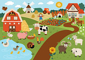 istock Vector farm landscape illustration. Rural village scene with animals, barn, country house. Cute spring or summer nature background with pond, meadow, garden. Detailed country field picture for kids 1368892352