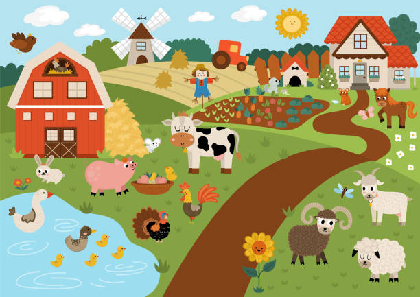 Vector Farm Landscape Illustration Rural Village Scene With Animals Barn  Country House Cute Spring Or Summer Nature Background With Pond Meadow  Garden Detailed Country Field Picture For Kids Stock Illustration - Download