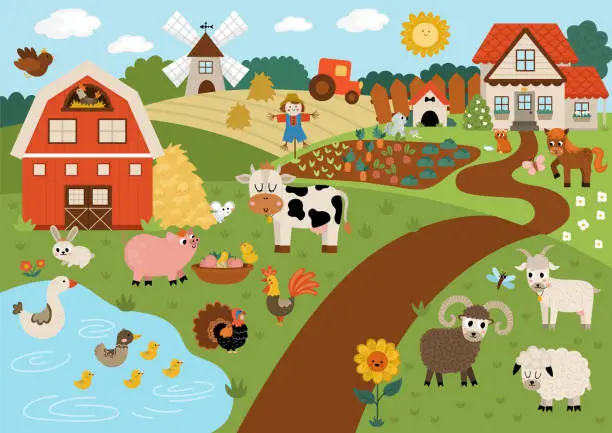 Vector illustration of Vector farm landscape illustration. Rural village scene with animals, barn, country house. Cute spring or summer nature background with pond, meadow, garden. Detailed country field picture for kids