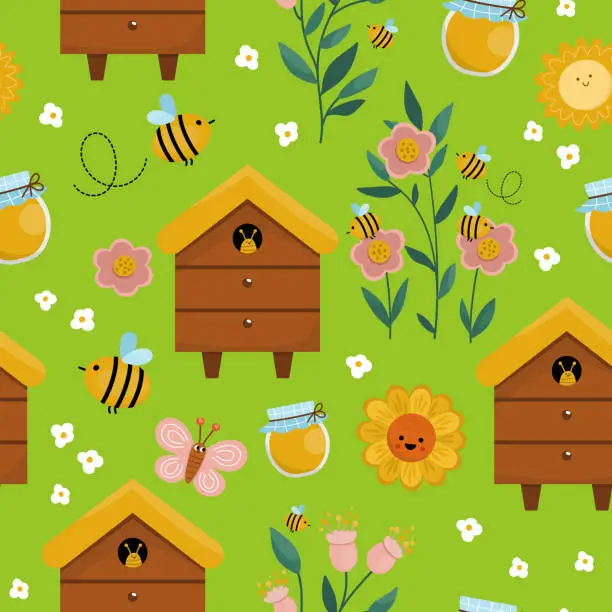 Vector illustration of Vector apiary seamless pattern. Farm honey making repeat background. Cute beekeeping digital paper with beehive, flowers, sunflower, flowers, jar, butterfly, sun. Bee house texture.