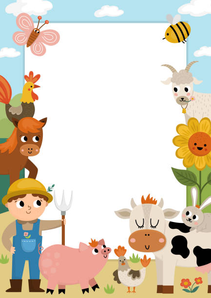 Farm party greeting card template with cute farmer, rural landscape and animals. Countryside poster or invitation for kids. Bright country holiday illustration with cow, pig, hen, horse and place for text Farm party greeting card template with cute farmer, rural landscape and animals. Countryside poster or invitation for kids. Bright country holiday illustration with cow, pig, hen, horse and place for text farm cartoon animal child stock illustrations