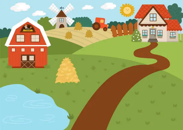 Vector illustration of Vector farm landscape illustration. Rural village scene with barn, country house, tractor. Cute spring or summer nature background with pond, meadow, garden. Detailed country field picture for kids