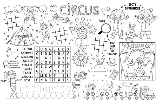 Vector illustration of Vector circus placemat for kids. Amusement show printable activity mat with maze, tic tac toe charts, connect the dots, find difference. Black and white play mat or coloring page with clown