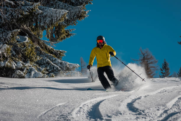 istock Young person is skiing on a fresh snow powder surface on a sunny day between the trees. Frontal view of a skier rushing down the slope. 1368893843