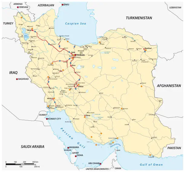 Vector illustration of Highly detailed physical road map of Iran