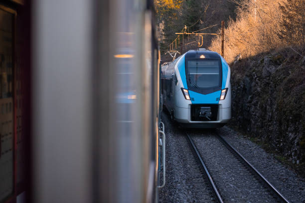 istock Modern blue and white passenger train coming towards another train on adjacent track. Two trains meeting on a parallel tracks. 1368894970