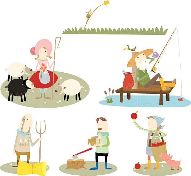 Vector illustration of Farm Family Doing Rural Chores