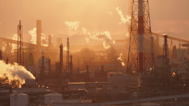 Video footage of a large petrochemical factory at dusk