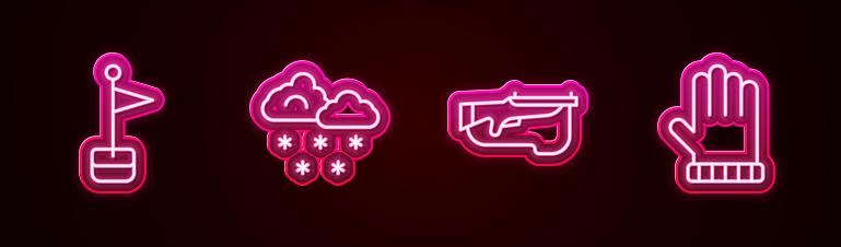 Set line Location marker, Cloud with snow, Biathlon rifle and Christmas mitten. Glowing neon icon. Vector.