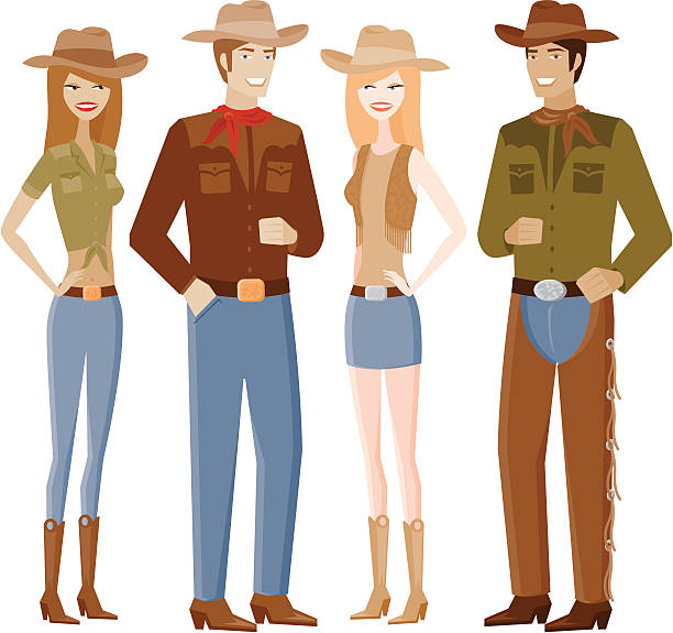 zwei paare in cowboy-outfits - belt men personal accessory fashion stock-grafiken, -clipart, -cartoons und -symbole