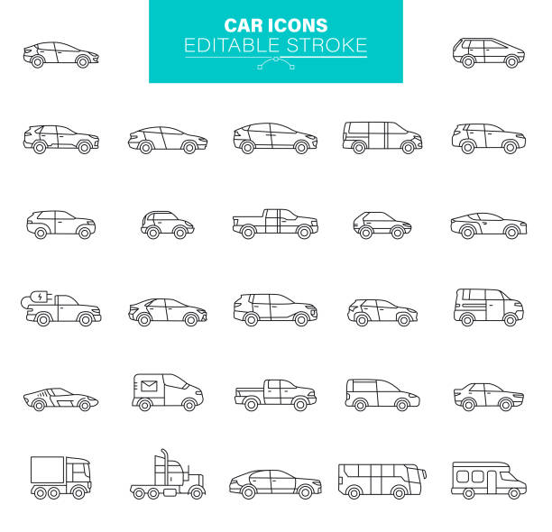 Car Type Icons Editable Stroke. Contains such icons as Transportation, Electric car, Truck, Sedan, Cuv vector art illustration