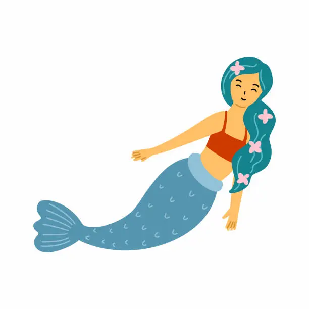 Vector illustration of Cute mermaid on white background. Doodle illustration on marine theme. Sticker for girl. Print on clothes.