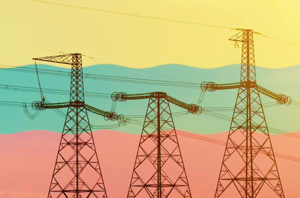 istock Double exposure - power line, tower and flag Lithuania 1368907098