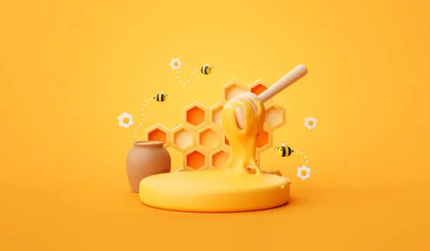 Photo of Honeycomb background product podium display 3d stand of natural honey bee pedestal template mockup or healthy nature stage platform backdrop and organic summer beauty beehive yellow scene showcase.