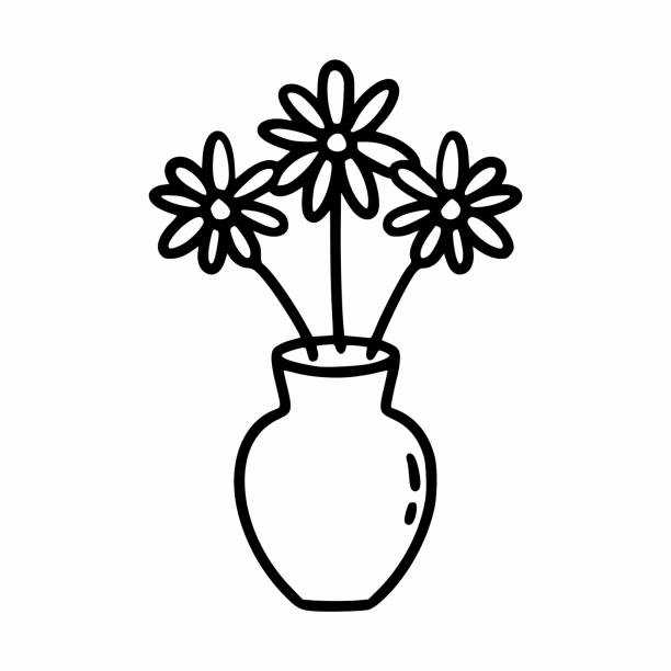 illustrazioni stock, clip art, cartoni animati e icone di tendenza di tre margherite in vaso. illustrazione vettoriale doodle. elemento decorativo da cartolina. fiori incantevoli. - doodle sketch drawing letter