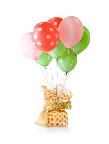 Present and Colorful Balloons Isolated on White